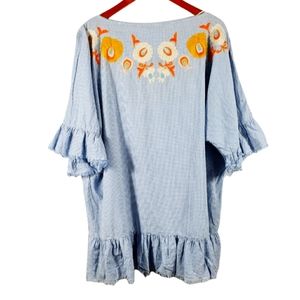 Zara Women Gingham Blue Floral Embroidered Oversized Tunic Top M